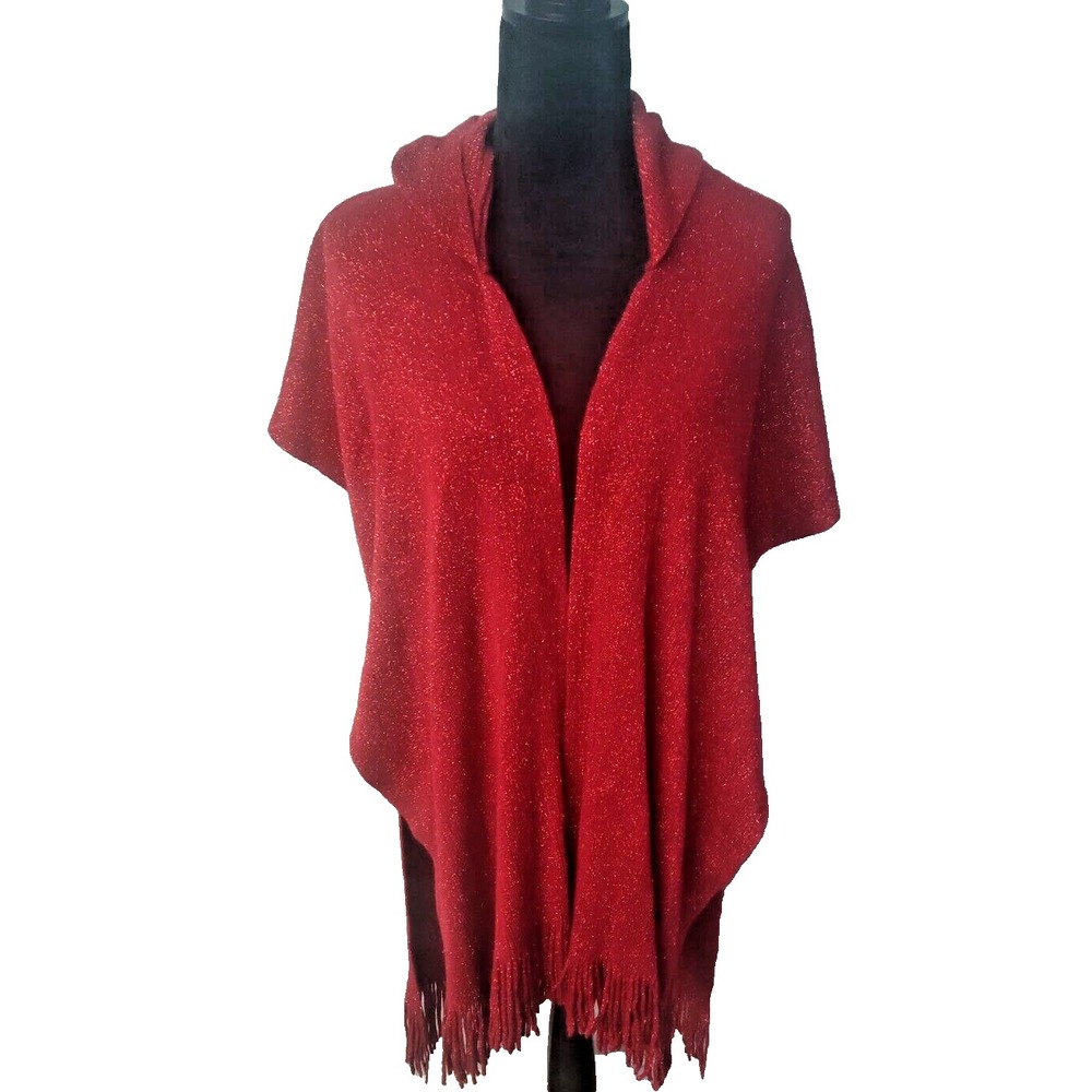 Women's Red Poncho Hooded‎ Knit Shawl whit Ruffle.